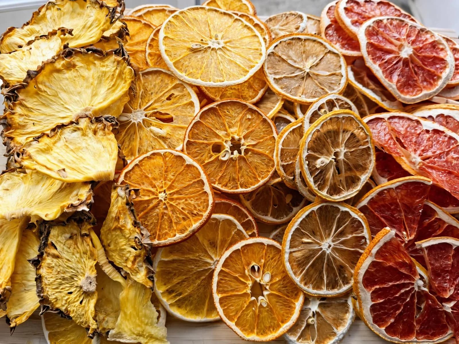 Une fournée de l’atelier : demi-tranches d’ananas et rondelles d’agrumes séchées.