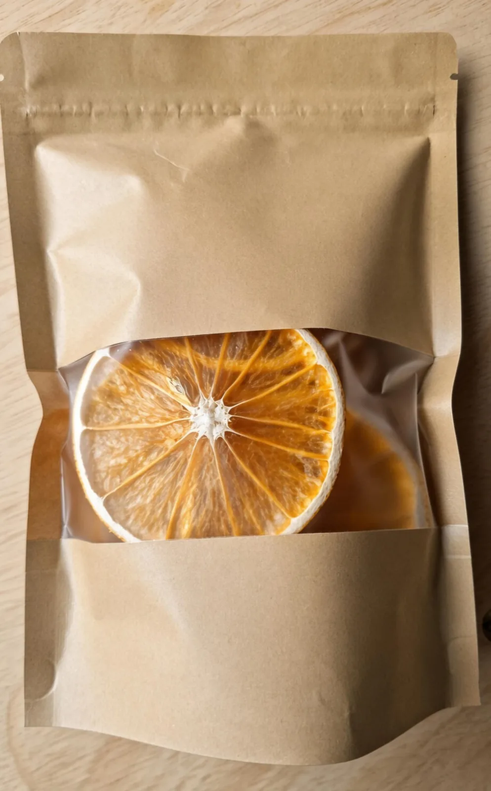 Grand sachet kraft à fenêtre laissant voir une tranche d’orange séchée.