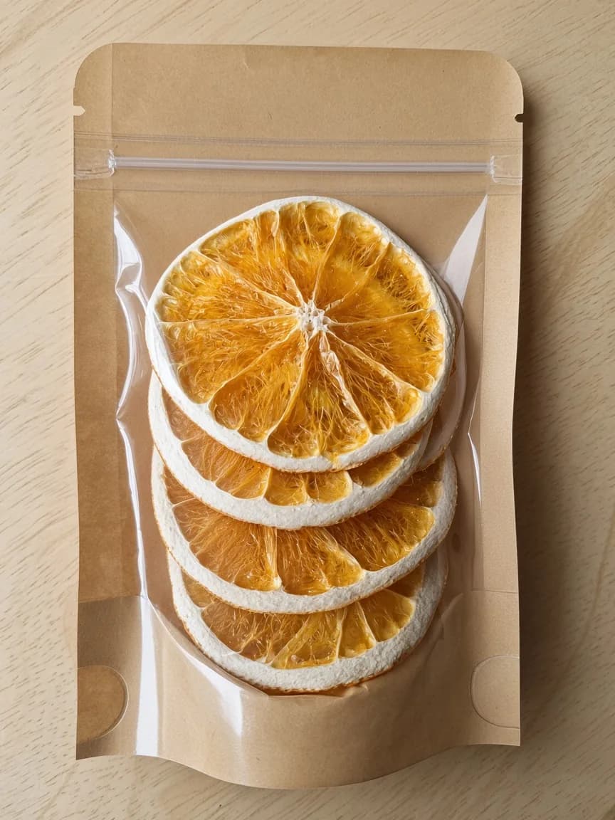 Petit sachet kraft à fenêtre : quatre tranches d’orange séchées empilées.