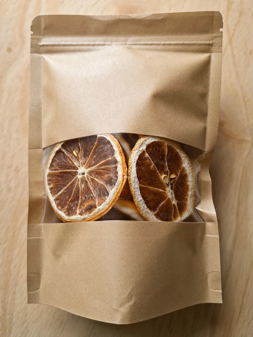 Sachet kraft à fenêtre : deux tranches de pamplemousse séchées.